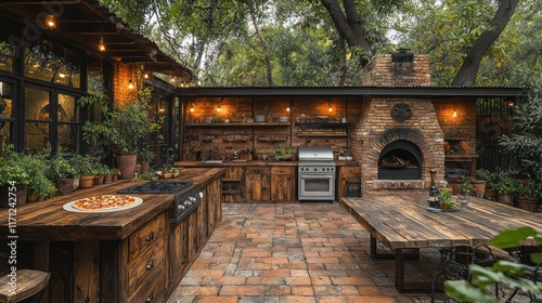 A cozy outdoor kitchen with a rustic wooden countertop and a pizza oven, surrounded by a garden for al fresco dining.