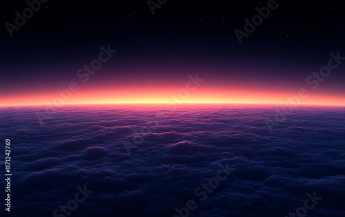 Vibrant sunset above a boundless sea of clouds.