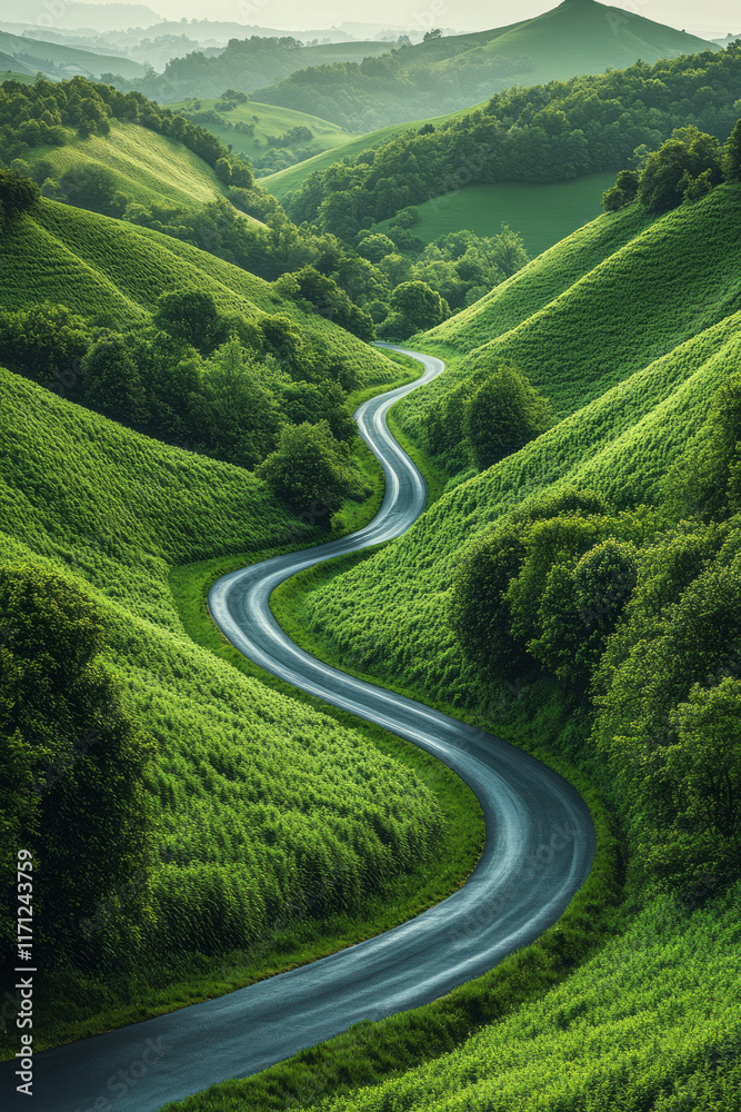 Aerial shot of winding roads in the countryside, surrounded by lush green fields and rolling hills,
