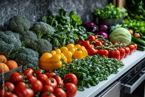 Modern kitchen interior with sleek white countertops, stainless steel appliances, and fresh vegetables on display,
