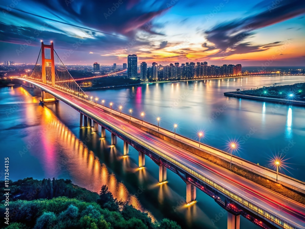 Fototapeta premium Wuhan Yangtze River Bridge Night View: Urban Interconnected Big Data Concept