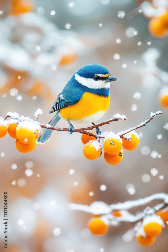 Beautiful bird on tree branch covered with snow in winter. Beautiful bird on tree branch covered with snow in winter.