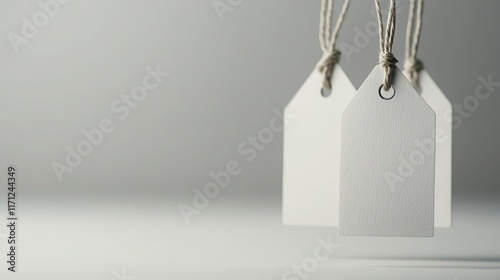 Minimalistic merchandise tags display studio setting product photography clean and contemporary environment close-up viewpoint for seo optimization