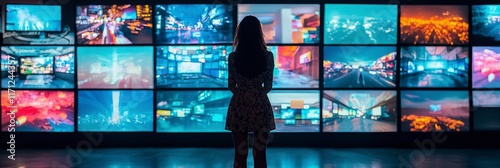 A vivid array of screens showcasing various city scenes and energetic visuals, creating an immersive environment that stimulates imagination and curiosity. photo