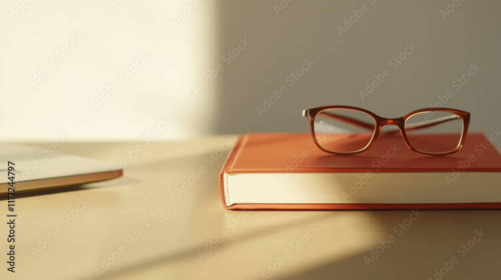 Solopreneur concept. close up of desk featuring orange book and glasses, creating warm atmosphere Solopreneur concept. close up of desk featuring orange book and glasses, creating warm atmosphere