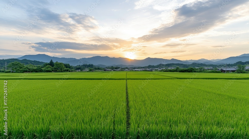Fototapeta premium Bright green rice fields illuminated by a beautiful sunset, showcasing the tranquility of farmland during dusk with vivid colors
