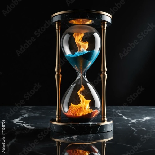 A dramatic hourglass with burning time, symbolizing fleeting moments. photo