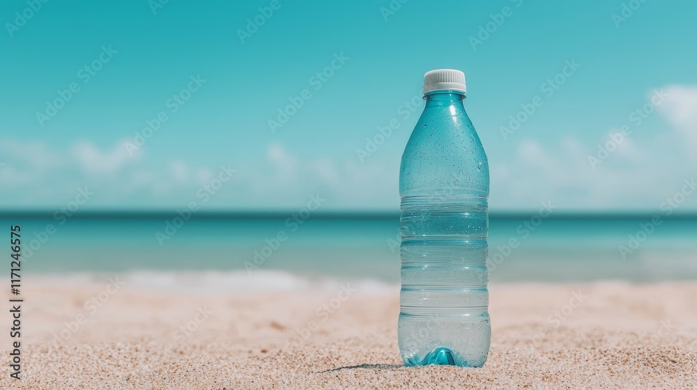 Minimalist Scene of a Single Plastic Bottle on Sandy Beach with Ocean Background Minimalist Scene of a Single Plastic Bottle on Sandy Beach with Ocean Background