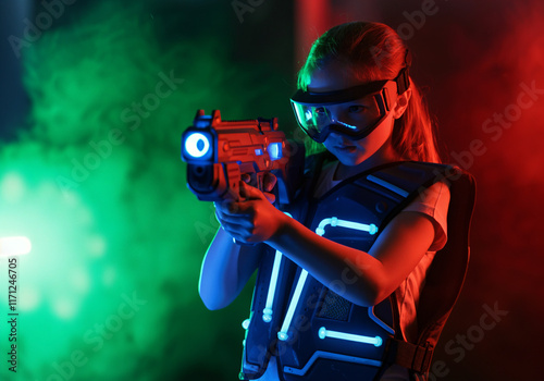 Girl aiming with laser gun playing laser tag game wearing protective goggles and vest in smoky neon atmosphere photo