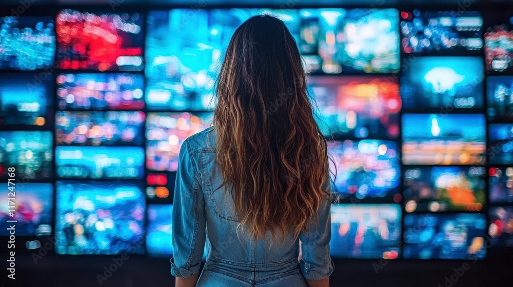 A woman stands with her back turned, gazing at a wall of screens displaying vibrant cityscapes, immersed in a world of colors and digital insights. A woman stands with her back turned, gazing at a wall of screens displaying vibrant cityscapes, immersed in a world of colors and digital insights.