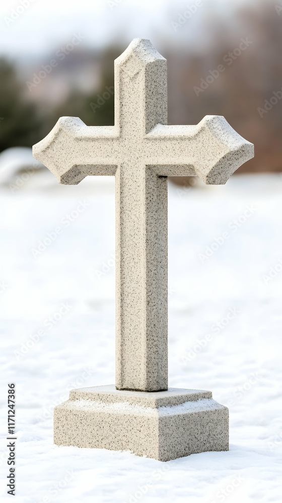 Stone cross grave marker, winter cemetery, snow background, remembrance, sympathy card. Stone cross grave marker, winter cemetery, snow background, remembrance, sympathy card.