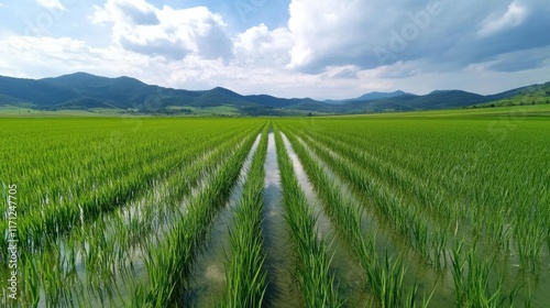 Wallpaper Mural Lush Green Rice Field Under Bright Blue Sky with Mountain Background Torontodigital.ca