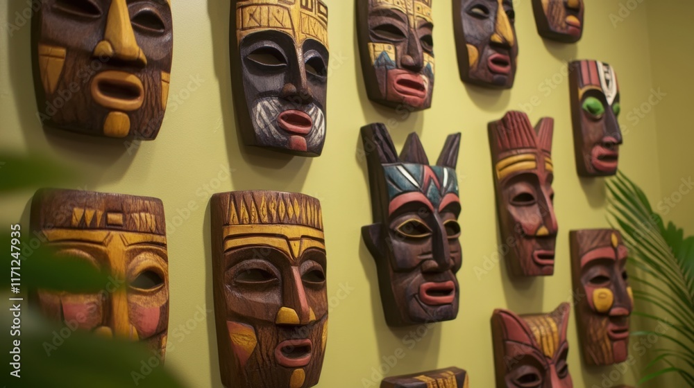 Fototapeta premium Colorful Wooden Masks on Wall in Artistic Interior Design Display
