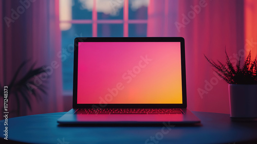 Sleek desk setup with laptop and blank screen display