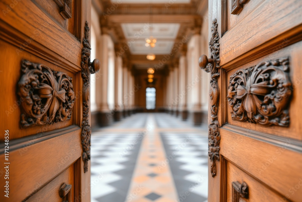 Fototapeta premium A courtroom door slightly ajar, revealing the scales of justice hanging on the wall inside