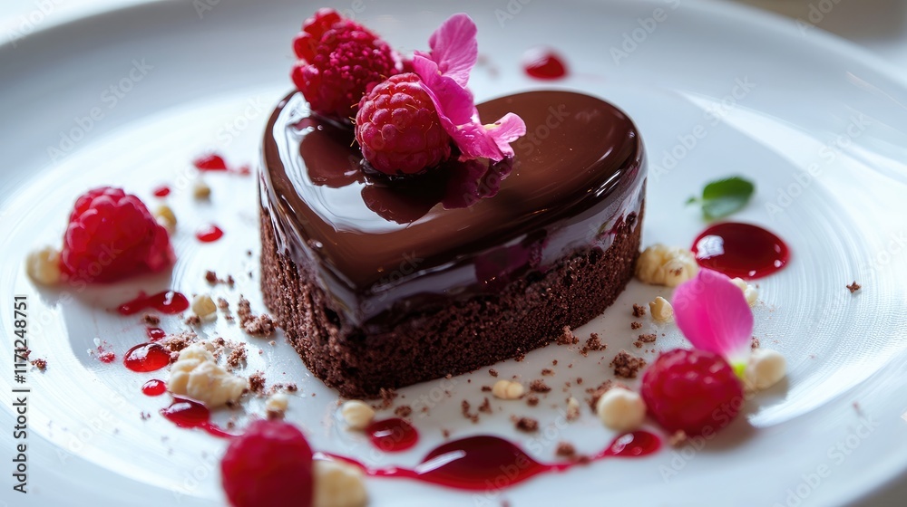 A romantic heart-shaped chocolate cake with glossy ganache, adorned with fresh raspberries and a drizzle of rose syrup