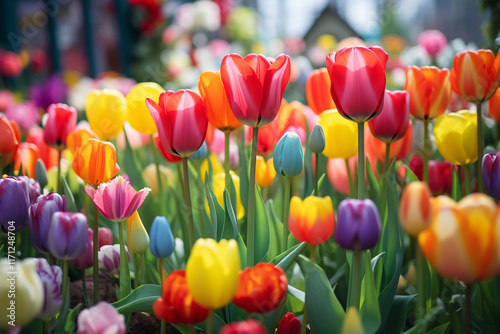 Immerses spectators in a mesmerizing realm adorned with vibrant tulips, where ethereal allure of natural world intertwines flawlessly with ingenious marvels of windmill technology photo