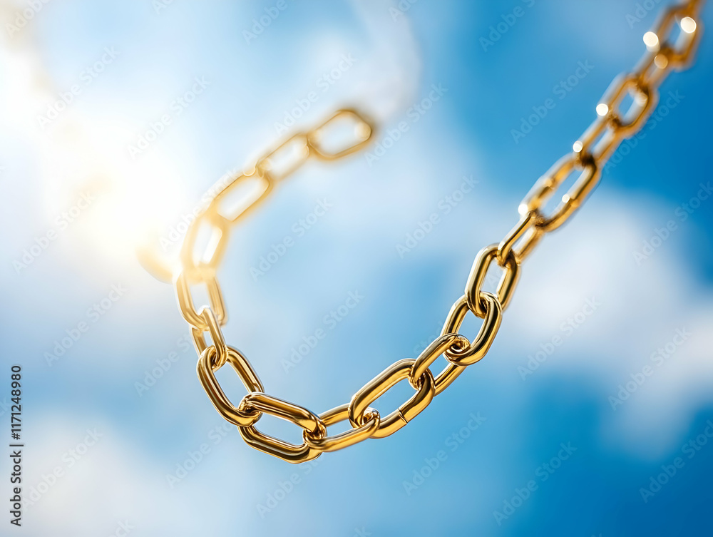 Fototapeta premium Golden chain against blue sky, freedom concept, sunny day, clouds background, website banner