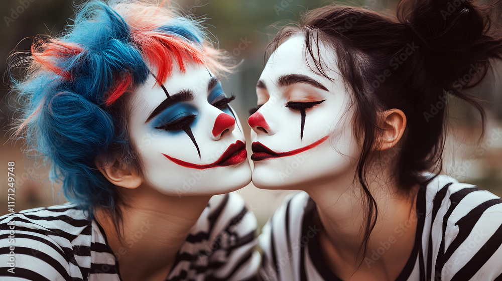 Obraz premium Two Young Women in Mime Makeup Sharing a Dramatic Close Moment