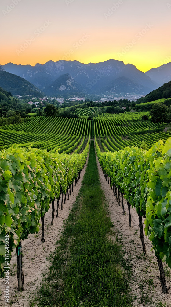 Obraz premium Sunset Vineyard Rows, Mountain Landscape, Italian Wine Region, Agriculture, Food & Drink Industry.