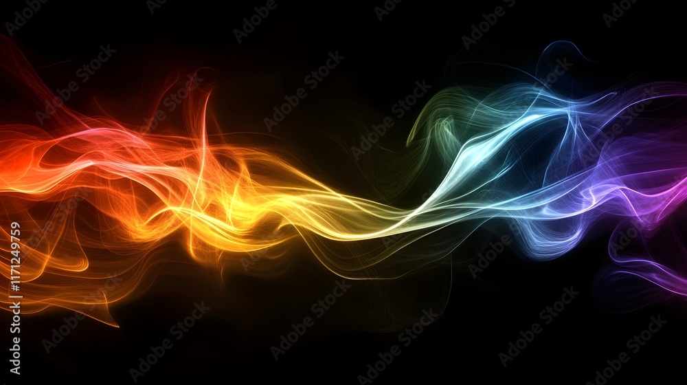 Abstract Rainbow Colored Light Waves Flowing Across Black Background