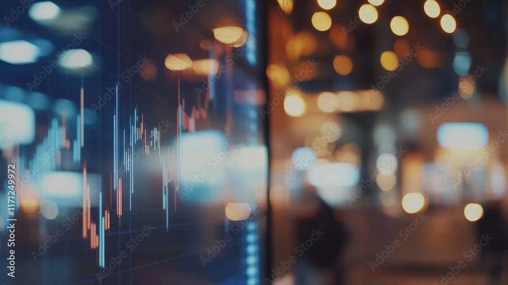 A digital stock market chart displayed on a screen with blurred background lights.