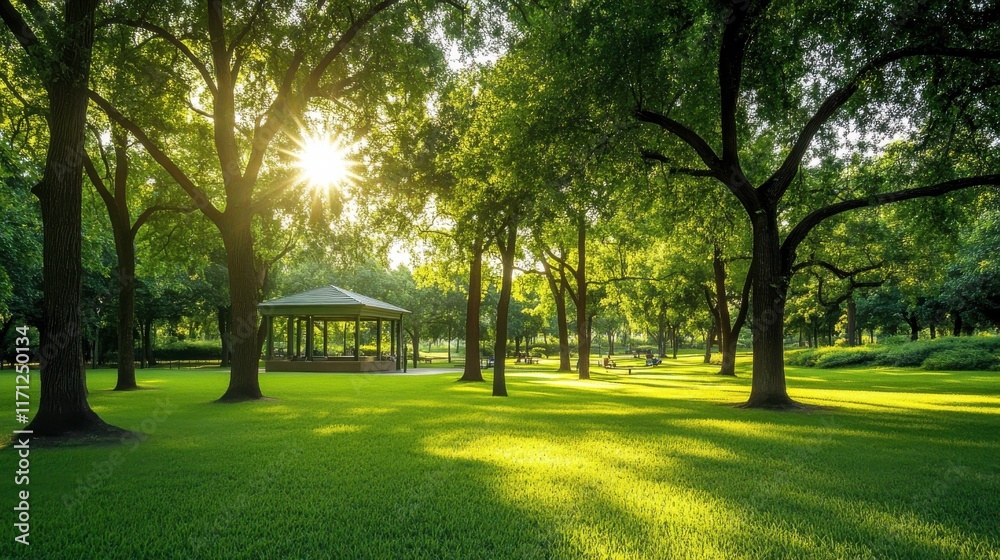 Fototapeta premium Serene Park with Abstract Elements and Gentle Sunlight