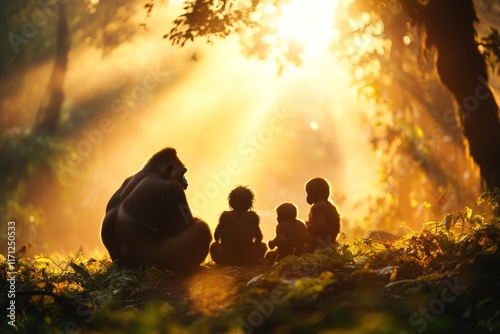 A family of gorillas sitting in a clearing, surrounded by dense jungle vegetation and shafts of sunlight photo