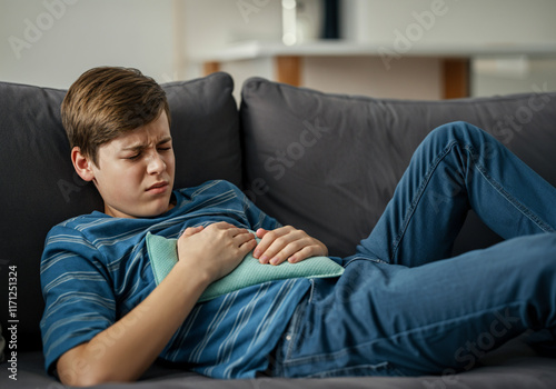 Young boy lying on sofa holding hot water bottle on stomach suffering from abdominal pain