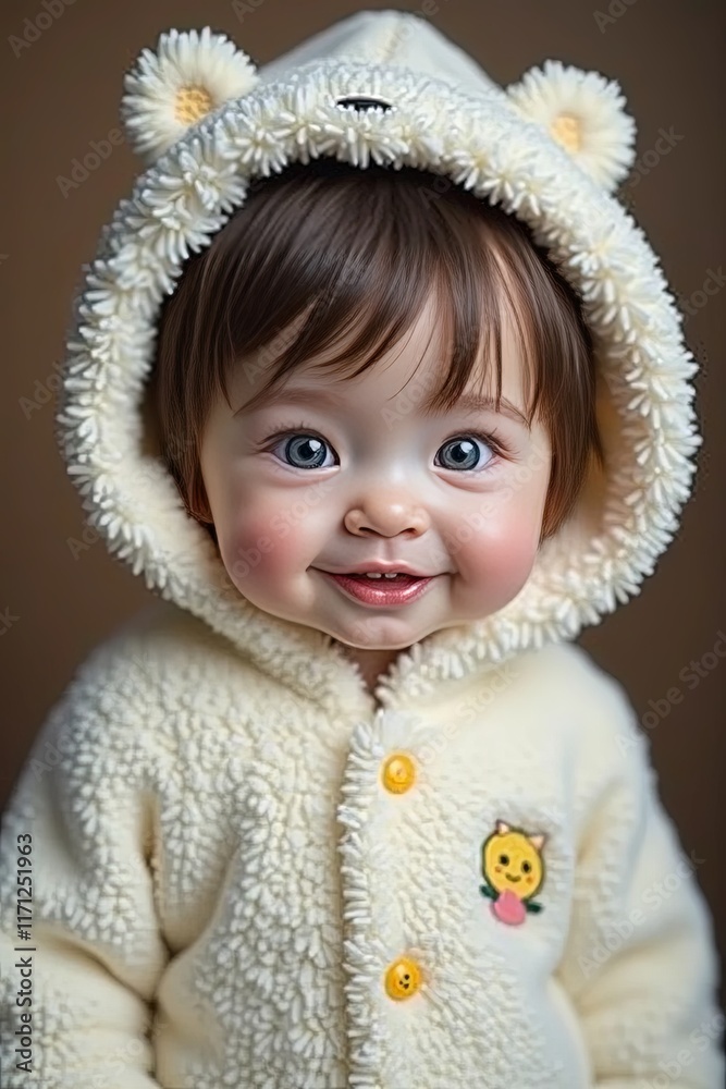 Smiling Baby with Bright Eyes. A close-up image of a happy baby with bright eyes brown hair, and a big smile, wearing a light- pestle colored outfit. Smiling Baby with Bright Eyes. A close-up image of a happy baby with bright eyes brown hair, and a big smile, wearing a light- pestle colored outfit.