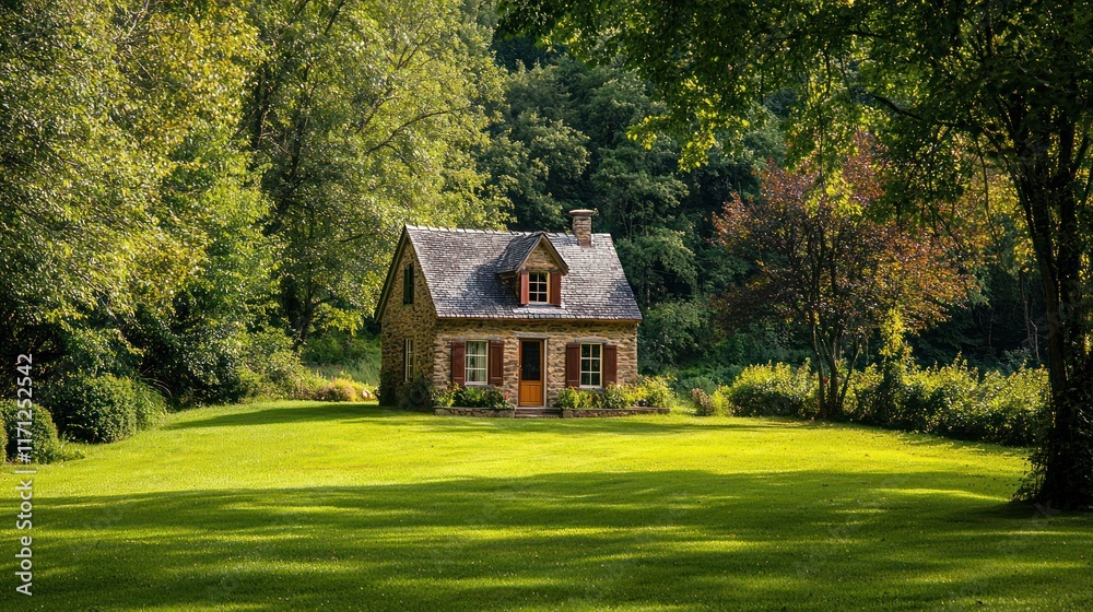 Fototapeta premium Charming Small House on Vibrant Green Grass