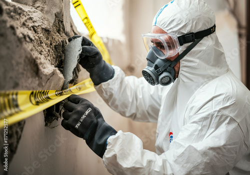 Specialist securing area with caution tape while removing asbestos from wall wearing protective gear