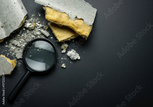 Magnifying glass is used to investigate asbestos and mineral wool insulation materials, highlighting potential health hazards and construction material analysis