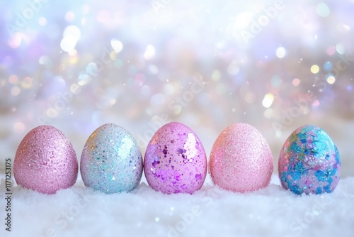 Five pastel-colored eggs with shimmering glitter placed on a sparkling surface with a dreamy pink and colorful bokeh background. Concept of elegance, creativity, and festive decoration. photo