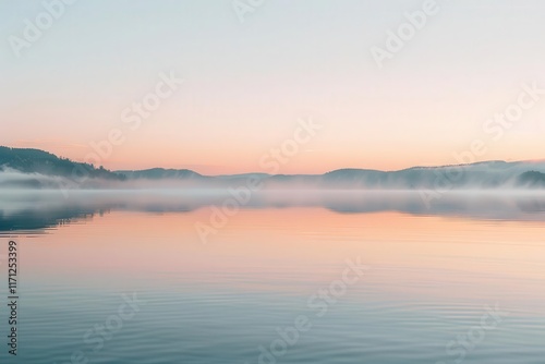 Serene lake at dawn with mist and pastel colors reflecting on calm waters.