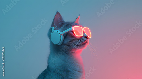 
portrait of a cat with Headphones, symmetrical, sunglasses, vibing, illustration, adobe illustrator, aesthetic with copy space