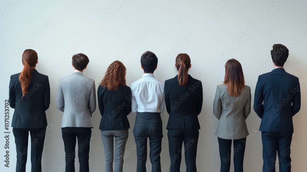 Obraz premium Group of Professionals in Suits Facing a Wall