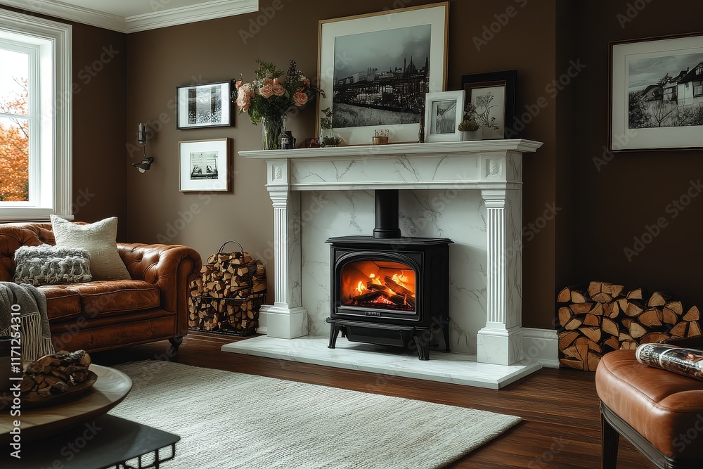 Fototapeta premium Elegant Stanton stove with white marble mantel, leather sofa, firewood, and vases with flowers in a cozy, stylish living room with wooden flooring and natural lighting.