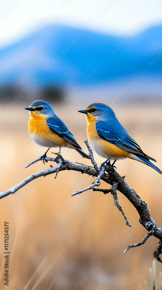 Two bluebirds perched on branch, mountain background, wildlife photography, nature poster. Two bluebirds perched on branch, mountain background, wildlife photography, nature poster.