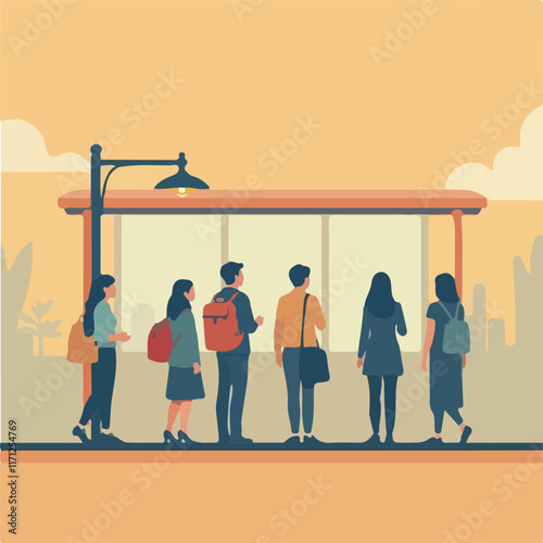 Passengers waiting for bus in bus stand vector design, People in bus stand, Bus Illustration vector design