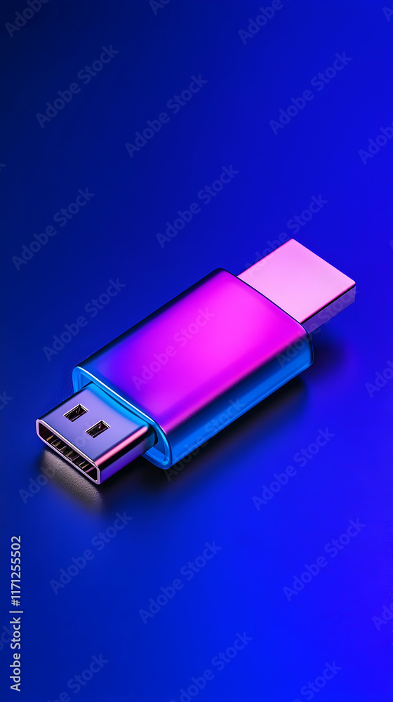 USB-C adapter on blue reflective surface, futuristic design, tech background, data transfer. USB-C adapter on blue reflective surface, futuristic design, tech background, data transfer.