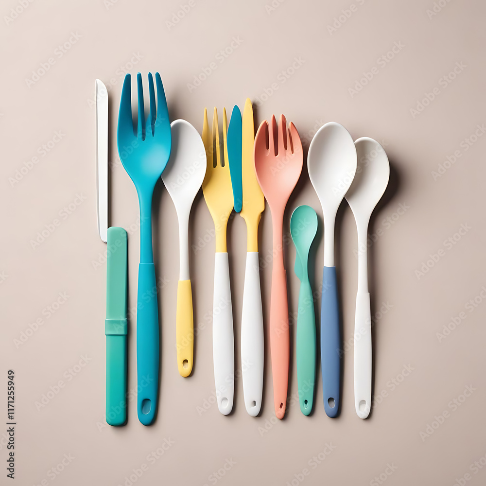 A set of travel utensils including a spork, knife, and reusable straw, neatly arranged on white. A set of travel utensils including a spork, knife, and reusable straw, neatly arranged on white.