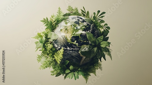 21. A beautifully designed Earth made of plants and greenery, set against a soft blurred beige-to-grey background, perfect for ecological themes or environmental campaigns photo