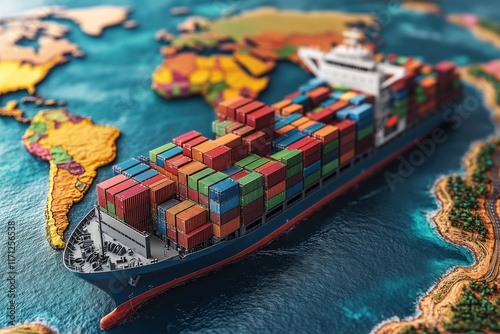 Fast shipping solutions across the global map container ship transporting goods ocean environment aerial view logistics concept