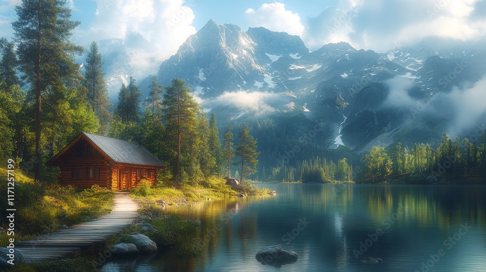 Fototapeta premium Secluded wooden cabin by a pristine mountain lake, bathed in sunlight.