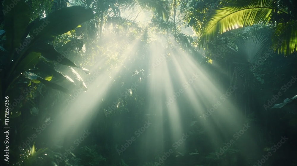 Fototapeta premium Sunbeams illuminate misty rainforest canopy, ideal for nature backgrounds