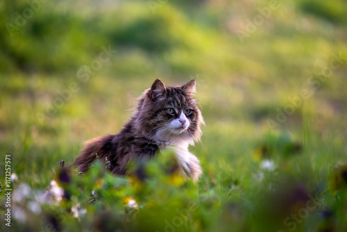 very hairy cat half hidden in the tall grass. beautiful cat photo