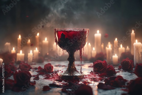 A hauntingly beautiful depiction of a juice chalice with blood-red liquid, surrounded by dark roses and candlelight