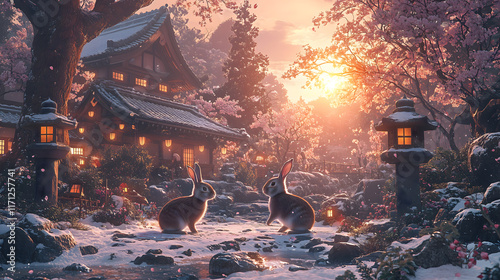 Two rabbits interacting in serene Japanese garden at sunset, surrounded by cherry blossoms and traditional architecture, creating peaceful and enchanting atmosphere