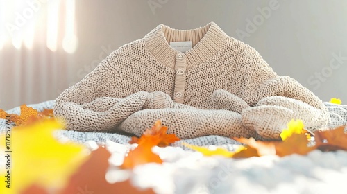 Cozy Beige Sweater on Soft Blanket Surrounded by Autumn Leaves photo